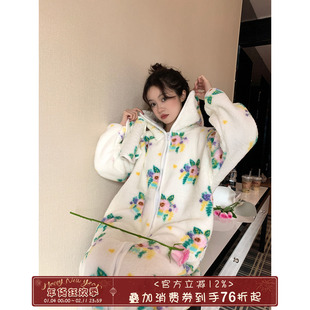 馨帮帮Homedress 花朵连帽珊瑚绒睡衣女冬季加厚保暖长款拉链睡袍