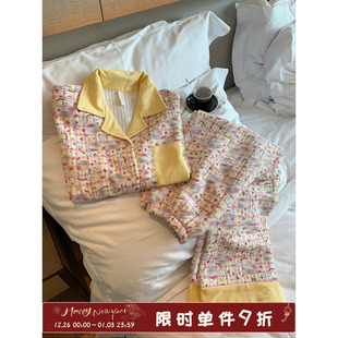 翻领开衫 秋冬长袖 家居服 卡通猫格子夹棉睡衣女款 馨帮帮Homedress