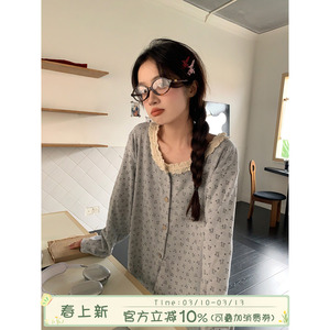 馨帮帮Homedress 甜美蕾丝圆领小熊睡衣女秋冬德绒磨毛家居服套装