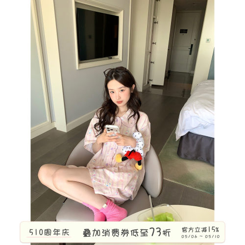 馨帮帮卡通猫咪花边条纹睡衣