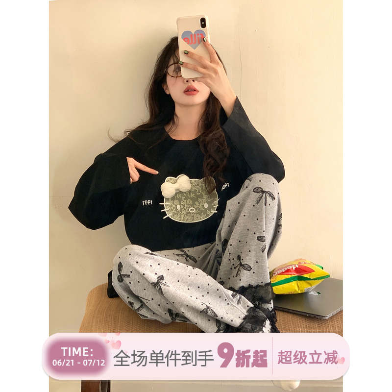 馨帮帮Homedress 甜美蝴蝶结波点睡衣女春秋新款休闲可外穿家居服