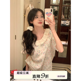 馨帮帮Homedress 甜美肌理碎花短袖 睡衣女娃娃领可外穿家居服套装