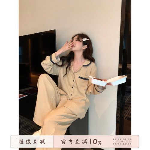 馨帮帮蕾丝边翻领格子睡衣套装