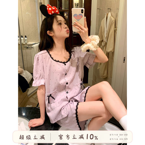 馨帮帮Homedress蕾丝边波点睡衣