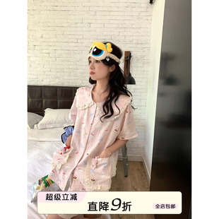 馨帮帮Homedress 甜美卡通娃娃领睡衣女款 夏蕾丝边短袖 家居服套装