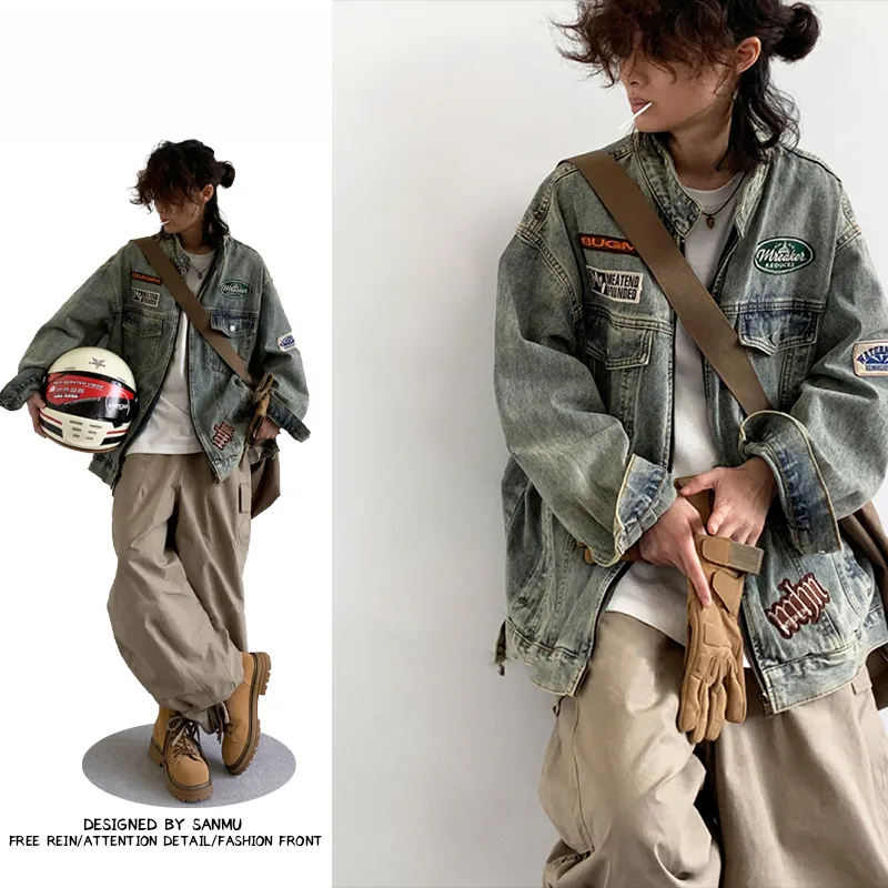 日系阿美咔叽复古街头刺绣牛仔