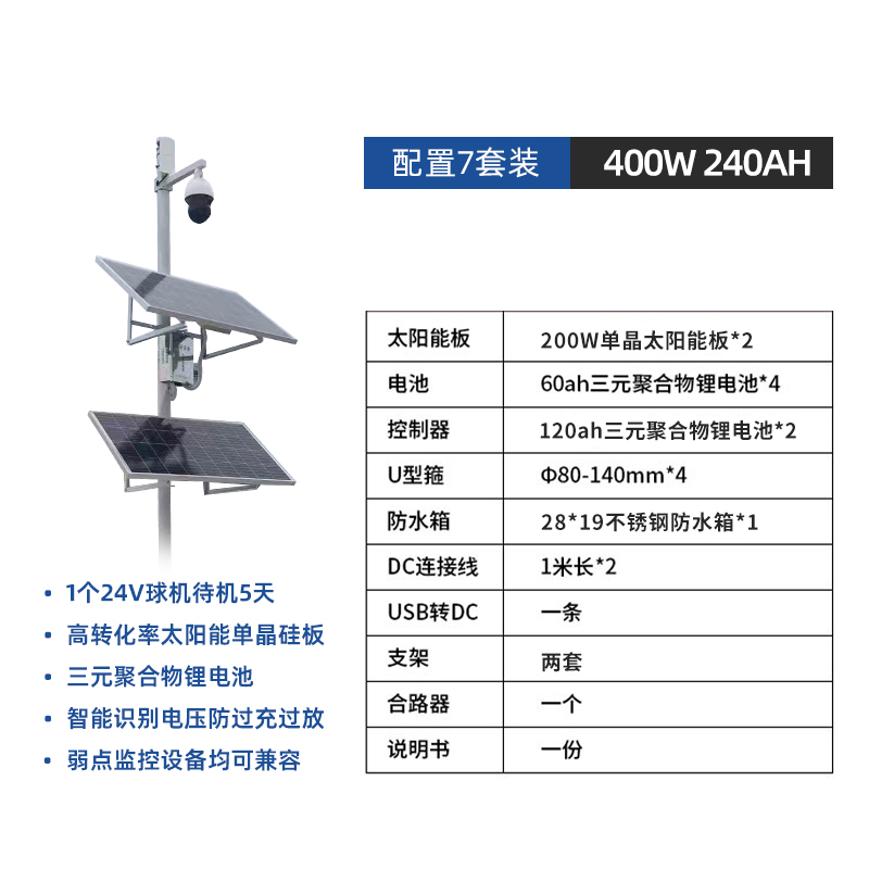 太阳能监控供电系统24V球机12V锂电池风光互补Q户外发电4G无线设