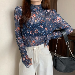 碎花蕾丝衫 新款 堆堆高领上衣女装 2020秋装 T恤打底衫 修身 韩版 长袖