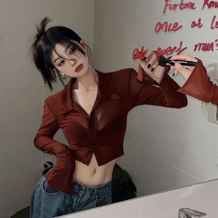 薄款衬衫女设计感小众辣妹高腰短款网纱衬衣早秋2022新款长袖上衣