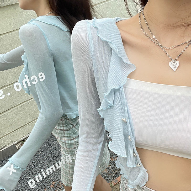 夏季荷叶边长袖短款防晒衣薄款小开衫早秋女士短外套小众别致上衣