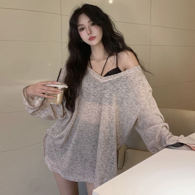 百搭性感长袖T恤宽松防晒罩衫