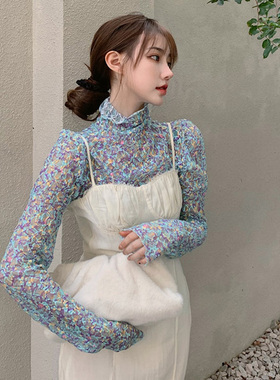 碎花高领打底衫女秋冬季内搭洋气t恤2020年新款修身显瘦长袖上衣