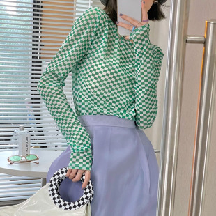 女长袖 小众棋盘印花打底衫 t恤 牛油果绿格子亲肤修身 2021秋冬新款