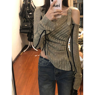 上衣 美式 辣妹2023新款 小众设计感紧身针织衫 不规则长袖
