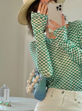 绿色棋格长袖t恤女2021春秋洋气网纱打底衫体恤ins风甜辣内搭上衣