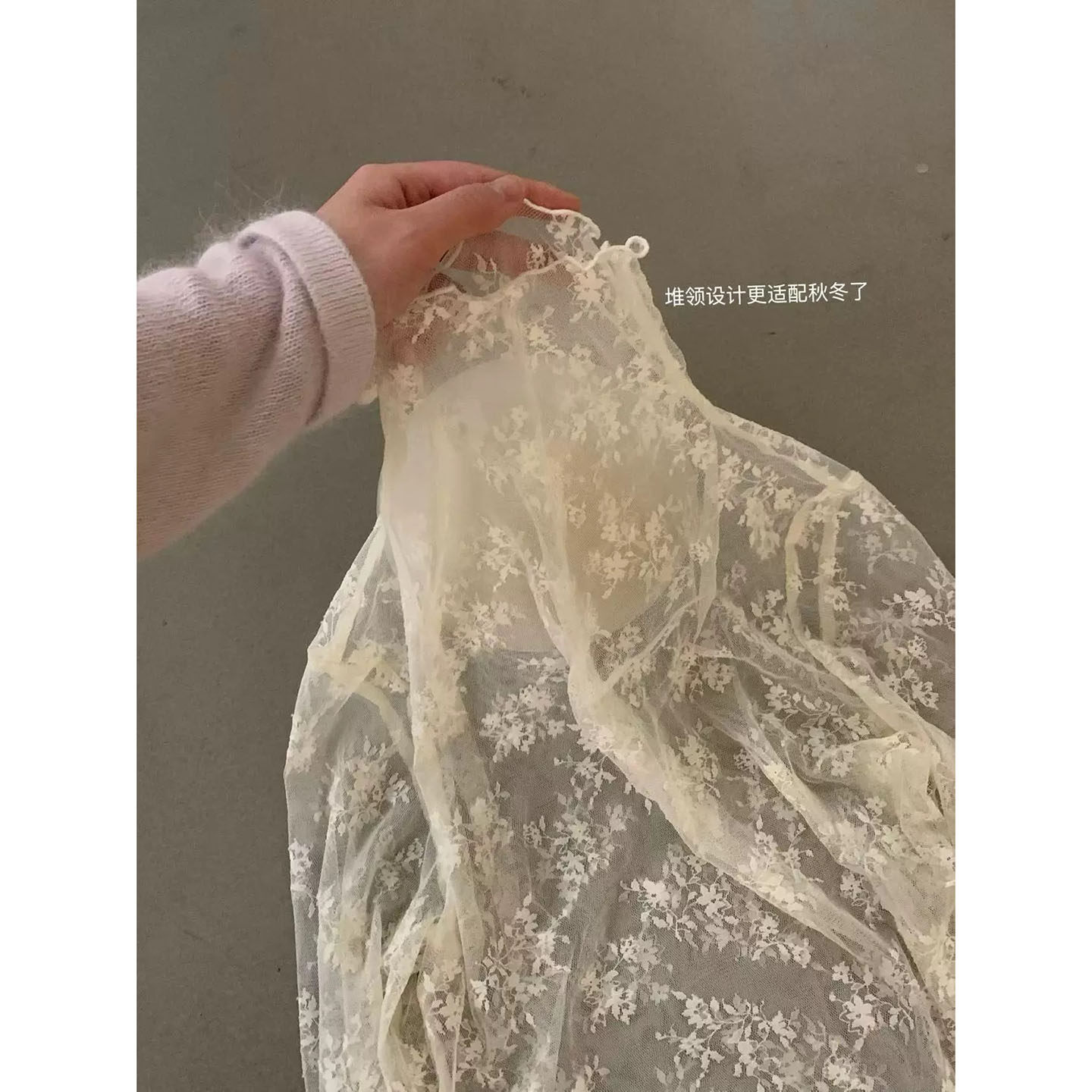 韩系富贵花 刺绣蕾丝打底衫女 半高领木耳边透视碎花叠穿上衣