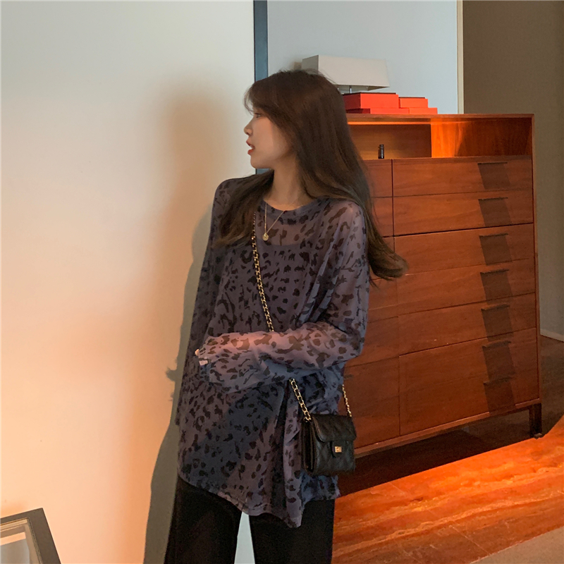 2022新款夏季韩版豹纹薄款防晒衣宽松大版罩衫网红长袖T恤女ins潮