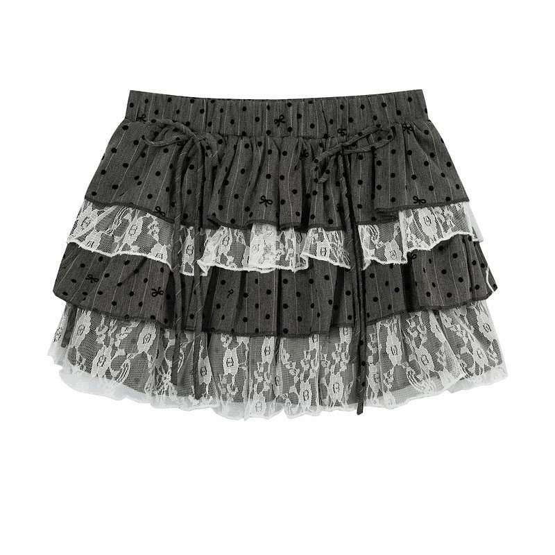 轻亚芭蕾风灰色蕾丝波点半身裙