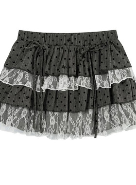 轻亚芭蕾风灰色蕾丝波点半身裙女蝴蝶结绑带蛋糕裙蓬蓬短裙子