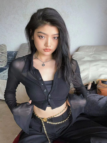 复古美式清透网纱上衣