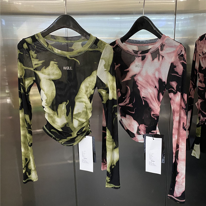 洋气长袖T恤上衣网纱打底小衫