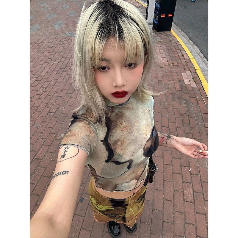 烧毁图案印花弹力透视T恤网纱T恤