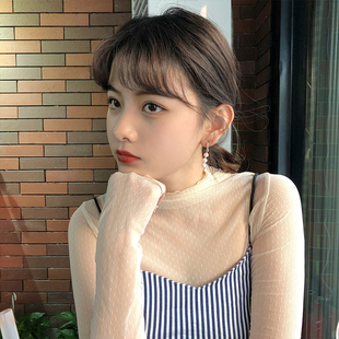 蕾丝打底衫 初秋冬内搭2019洋气透视半高领雪纺上衣 女网纱很仙长袖