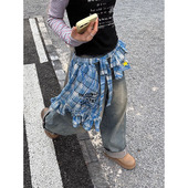 个性 不规则半身裙格纹可叠穿绑带短裙女屁帘