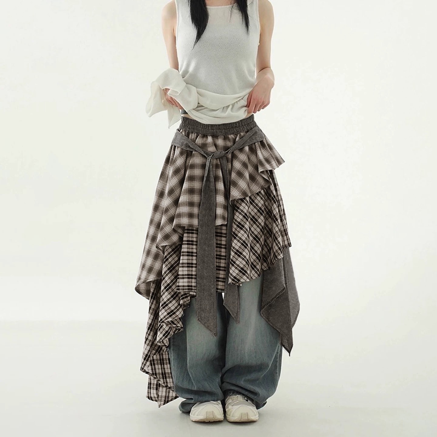 格纹不规则拼接荷叶边叠穿蛋糕裙