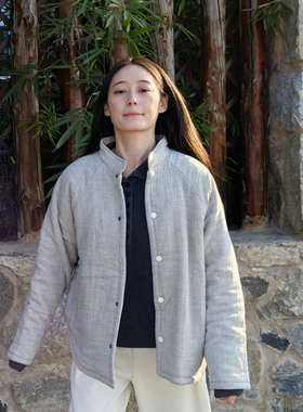 onrays|亚麻棉绉布纱加厚棉衣新疆棉花填充小高领短款插肩棉服