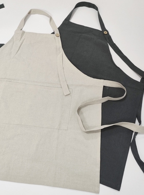 挂脖围裙亚麻棉厨房家用画画烘焙奶茶咖啡店工作服