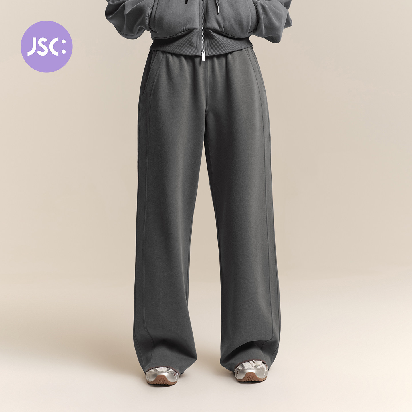 JSC运动长裤女秋宽松阔腿裤灰色休闲健身直筒日常松紧腰运动卫裤