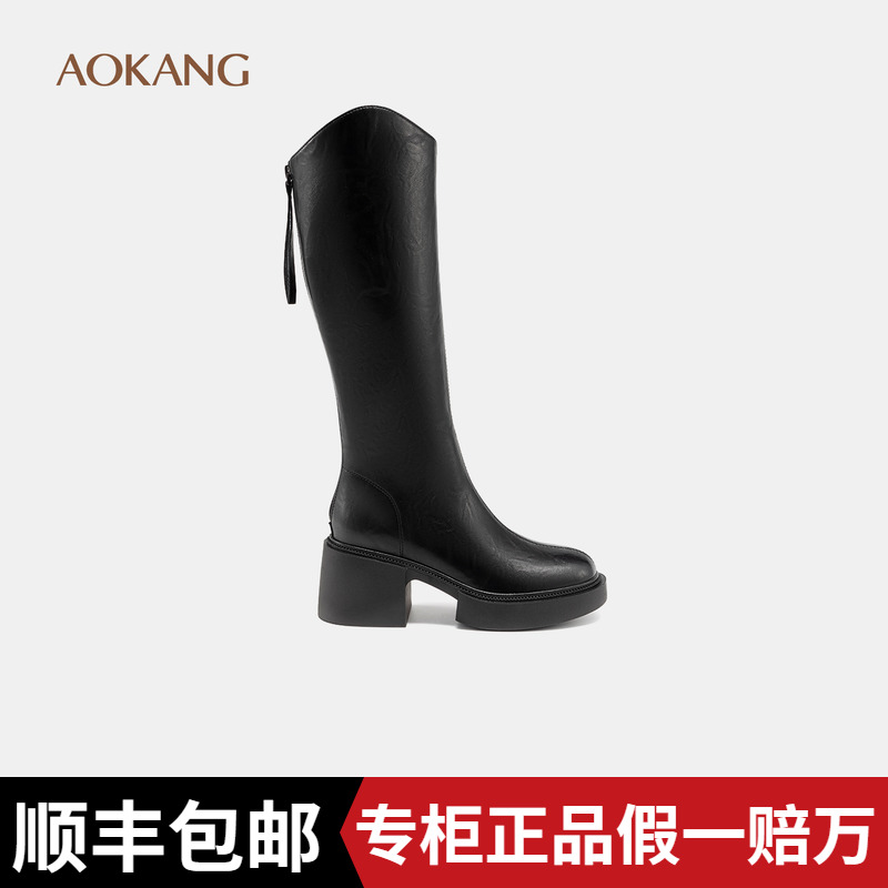 奥康女鞋 2025冬季新款复古长筒骑士靴时尚厚底粗跟英伦风时装靴