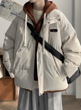 假两件羽绒棉服男款冬季hiphop高街工装外套日系厚连帽情侣面包服