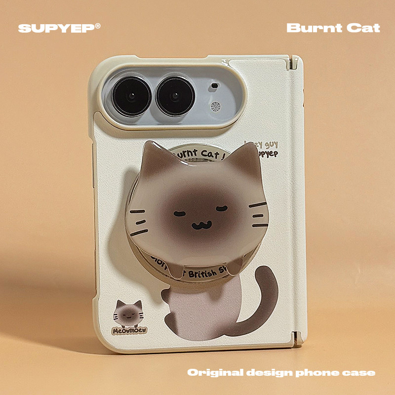 SUPYEP烧焦猫咪手机壳磁吸支架卡包适用于苹果iPhone Duo折叠屏手机壳仿皮纹中轴保护 原创设计 可爱创意简约