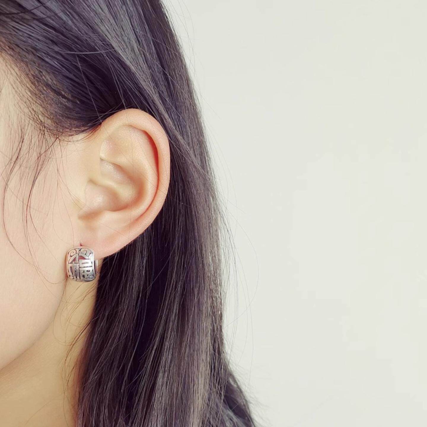 S925银针复古做旧双喜临门镂空设计宽面中国风个性百搭耳环耳扣