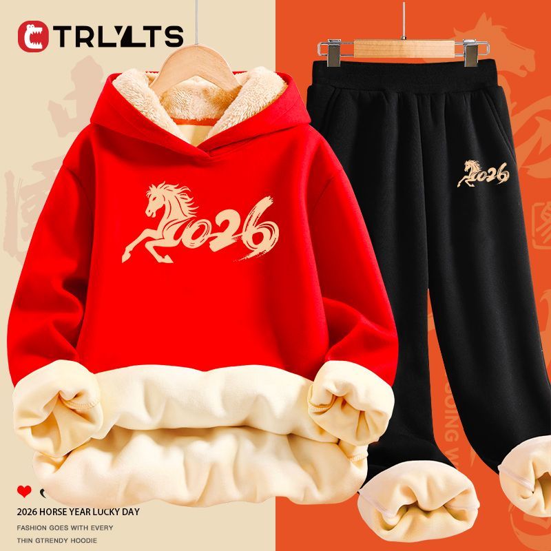 儿童马年本命年拜年服酷酷帅气男童女童新年红色卫衣加绒保暖套装