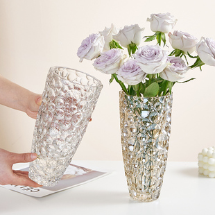 饰花器摆件 水晶花瓶玻璃透明高级感客厅富贵竹插花玫瑰百合鲜花装