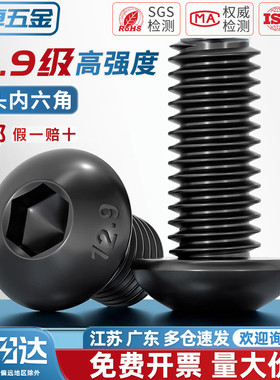 12.9级高强度盘头半圆头内六角螺丝圆头杯螺钉螺栓M3M4M5M6M8M10