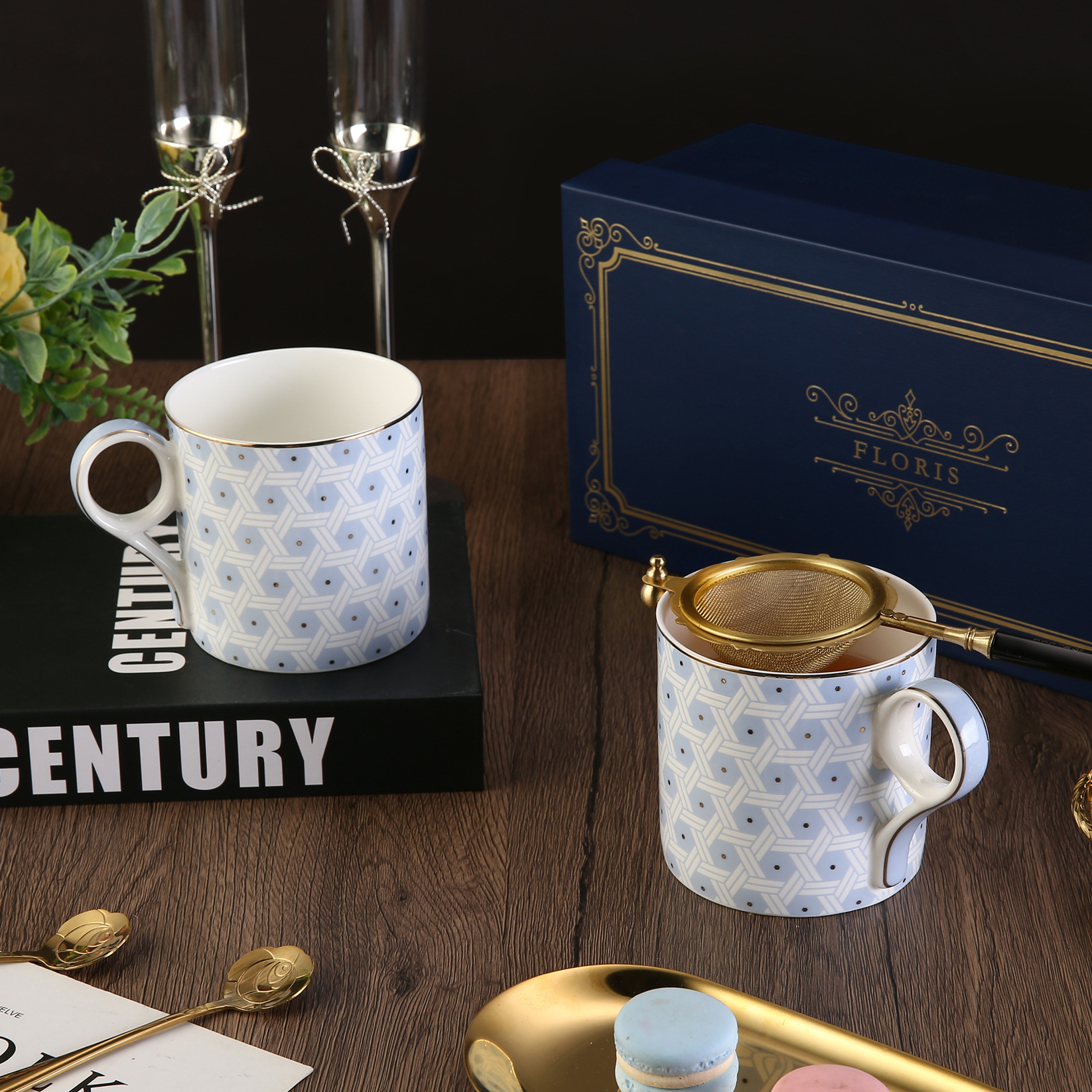 FLORIS蓝色幻想曲骨瓷套二马克杯套装咖啡杯陶瓷杯随手礼创意礼盒