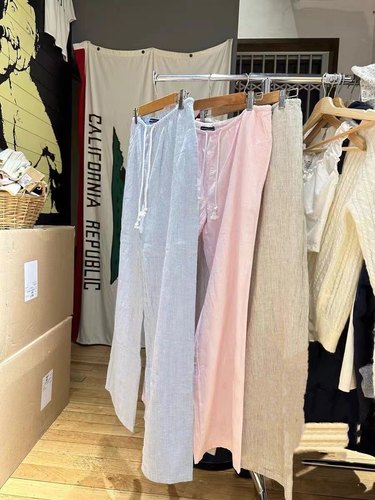 BrandyGirl新款高腰条纹系带长裤bm裤子小清新阔腿裤直筒裤休闲裤