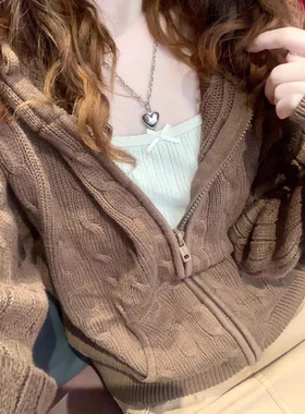 BrandyGirl新款连帽麻花拉链开衫bm针织衫女宽松显瘦毛衣上衣外套