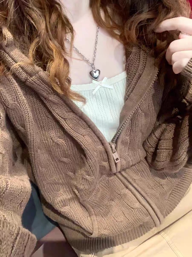 BrandyGirl新款连帽麻花拉链开衫bm针织衫女宽松显瘦毛衣上衣外套