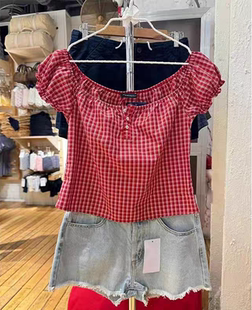 上衣潮 BrandyGirl新款 红格子三粒扣一字领bm泡泡袖 衬衫 女叠穿短袖