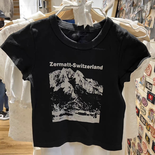 BrandyGirl新款复古雪山字母印花bm短袖T恤女美式高腰修身上衣潮