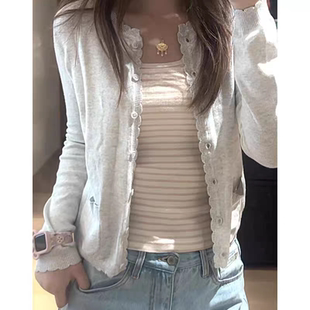 女单排扣长袖 圆领花边bm针织开衫 毛衣外套上衣 美式 BrandyGirl新款