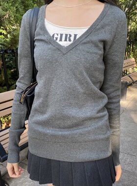 BrandyGirl美式复古V领修身bm针织衫女休闲百搭帽子螺纹拼接上衣