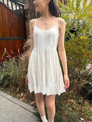 BrandyGirl新款蝴蝶结蕾丝边bm吊带连衣裙女蓬蓬裙荷叶边a字裙子