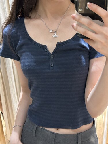 美式三粒扣条纹bm短袖显瘦上衣女