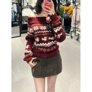 BrandyGi费尔岛风一字肩刺绣wm针织衫 百搭圣诞红毛衣潮 女秋冬修身